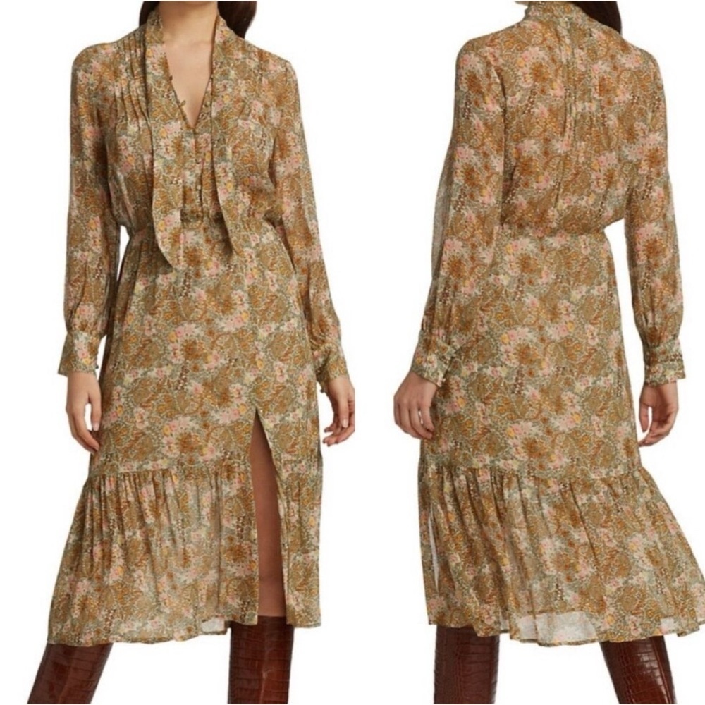 Paige Koralina 100% Silk Tan Gauzy Midi Dress Small Boho Feminine Party Beachy